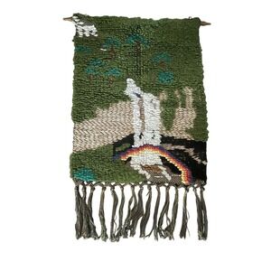 Vintage Handwoven Wool Wall Tapestry With Fringes South America Textile Art